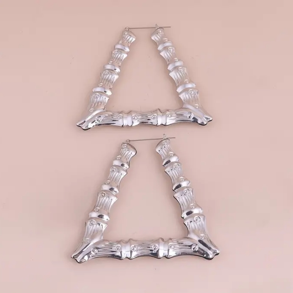 Triangular Silver Bamboo Hoops - Picture 3 of 5